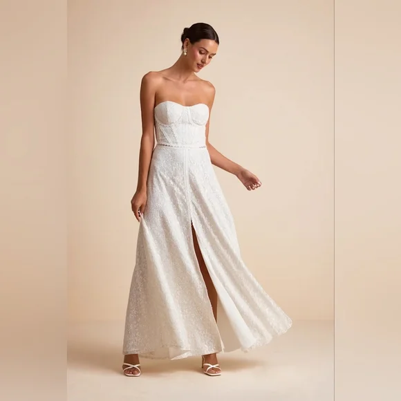 Lulus Eldoria White Lace Strapless Bustier Maxi Dress S Wedding Bridal Party - Picture 2 of 11